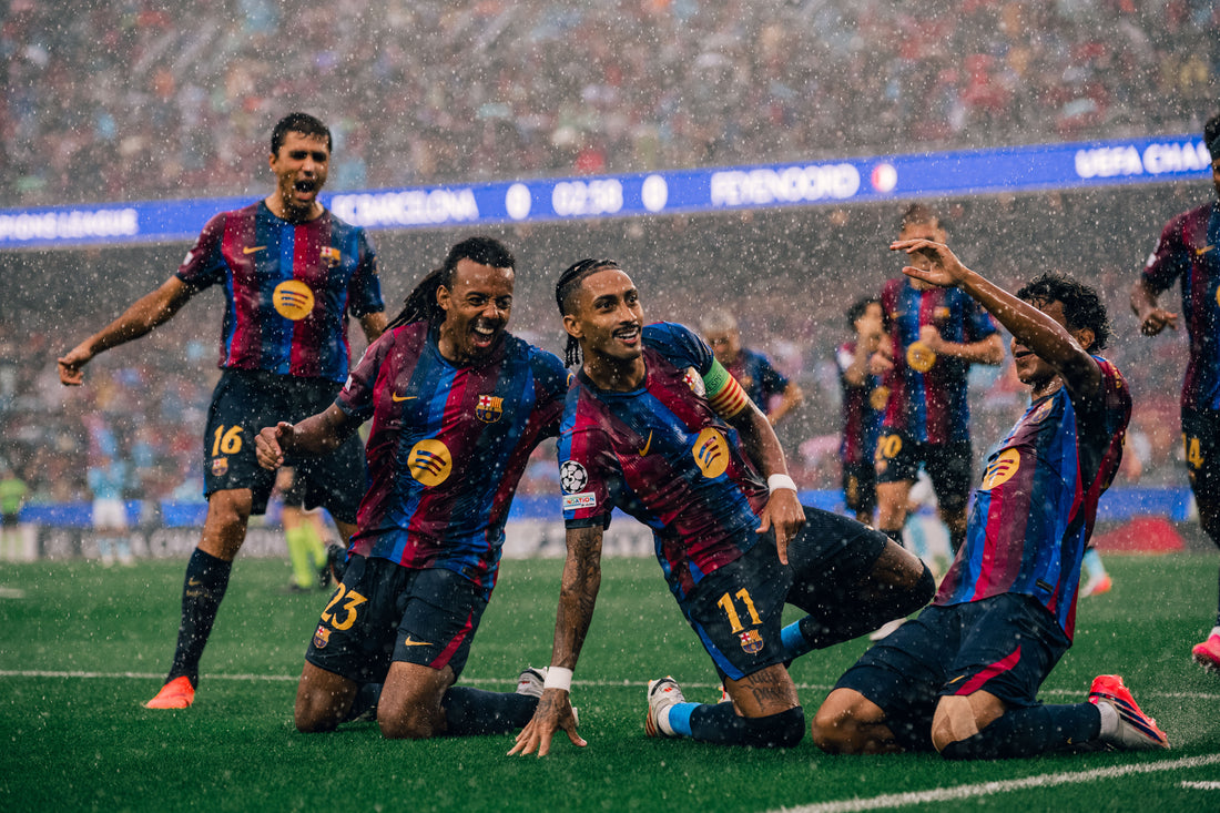 Barcelona celebrates during the 5-1 Champions League win over Feyenoord