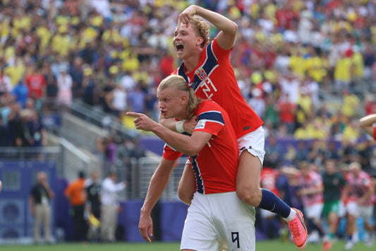 Erling Haaland celebrates Norway's second goal against Brazil in the 2026 World Cup round of 16