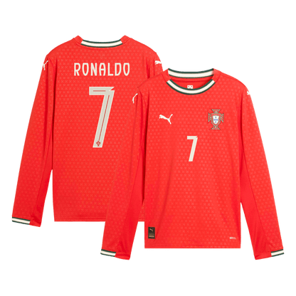 RONALDO #7 Portugal Otthon Hosszú Ujjú Mez 2025-Piros
