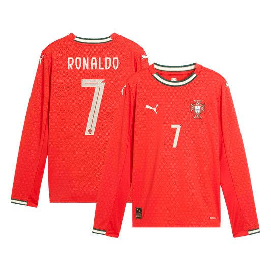 RONALDO #7 Portugal Otthon Hosszú Ujjú Mez 2025-Piros