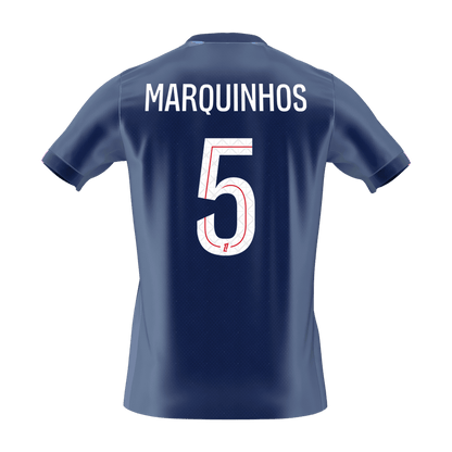 【Szuper Jó Minőségű】MARQUINHOS #5 PSG Otthon Soccer Mez 2025/26 Haditengerészet
