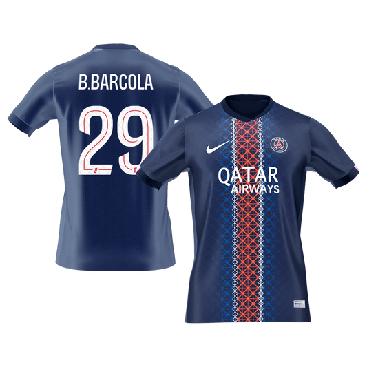 【Szuper Jó Minőségű】B.BARCOLA #29 PSG Otthon Soccer Mez 2025/26 Haditengerészet