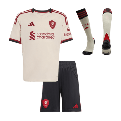 Gyerek Liverpool 
 Idegenbeli 
Mez 
Készlet (Mez + Nadrág + Zokni) 
2025/26 
 Fehér