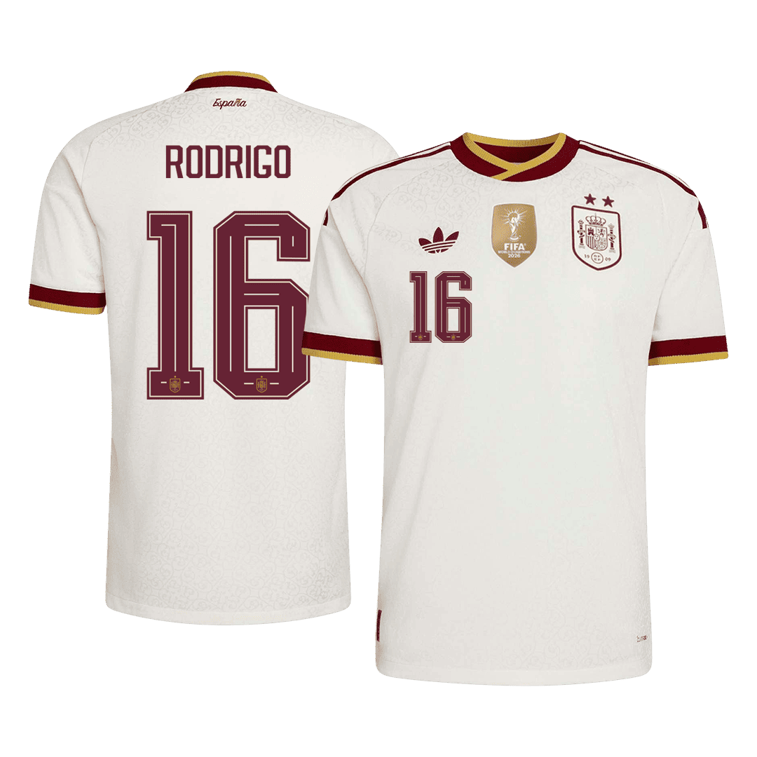 RODRIGO #16 Spanyolország Játékos Verzió Idegenbeli Mez Világbajnoki 2026 Fehér
